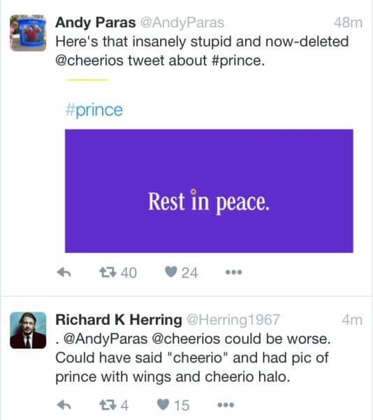 brands react to prince - cheerios